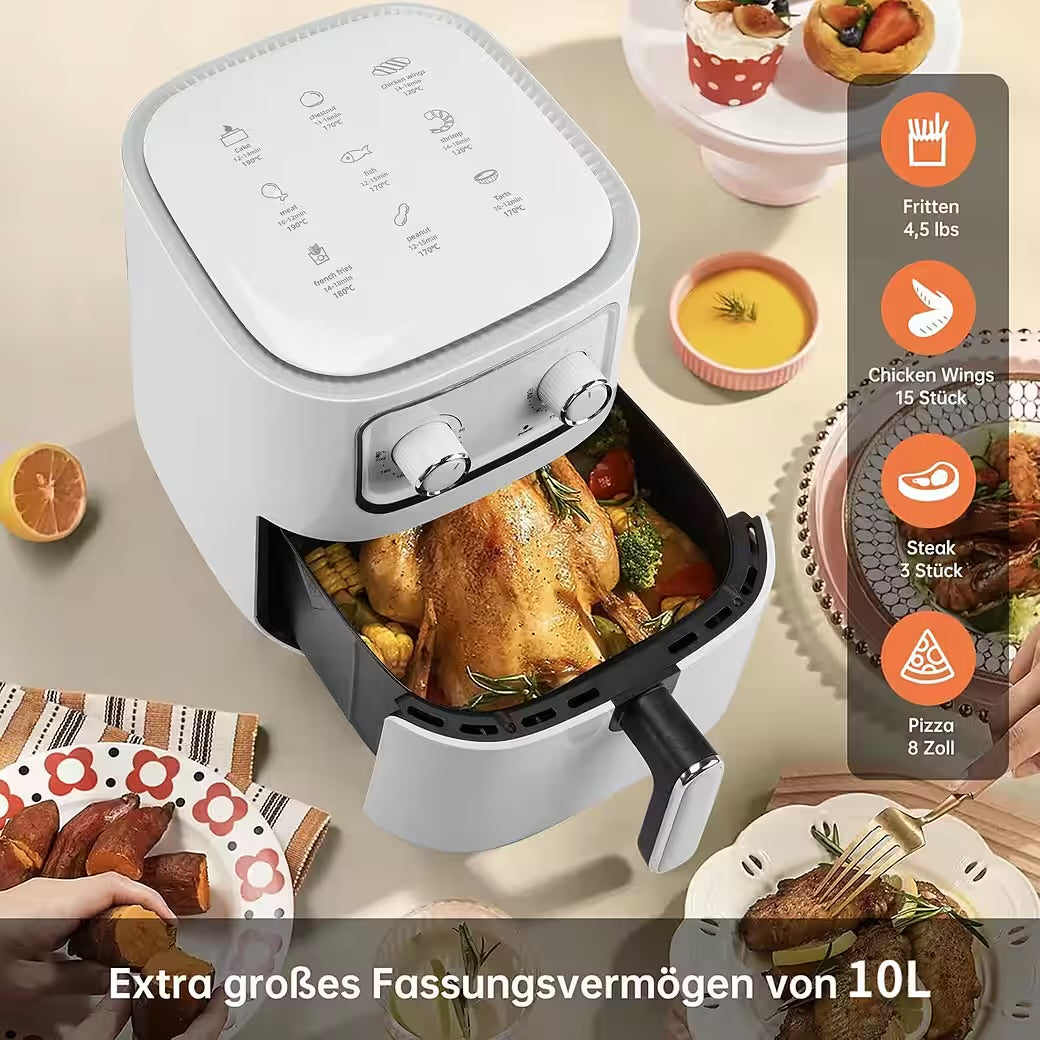 IBETTERTEC
Heißluftfritteuse Airfryer Heißluftfritteuse,2400W Multifunktionale Air Fryer XXL 10L,Heissluftfritteuse,Schnelle Erwärmung,95% weniger Öl,55 Prozent energiesparend,spülmaschinenfeste Körbe