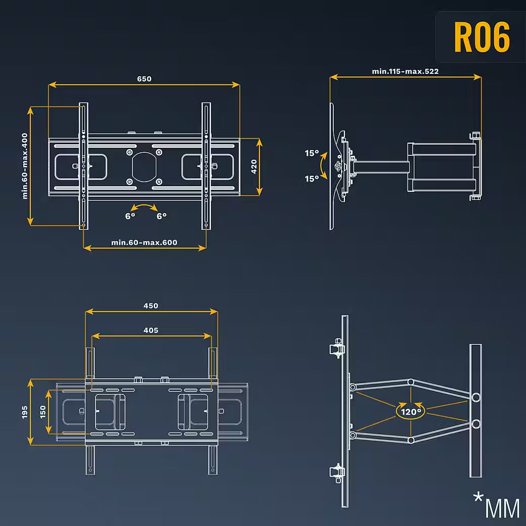 TV-Wandhalterung Fernseh Halterung 55" 65" 75" 85" max 95 Kg schwenkbar R06-F