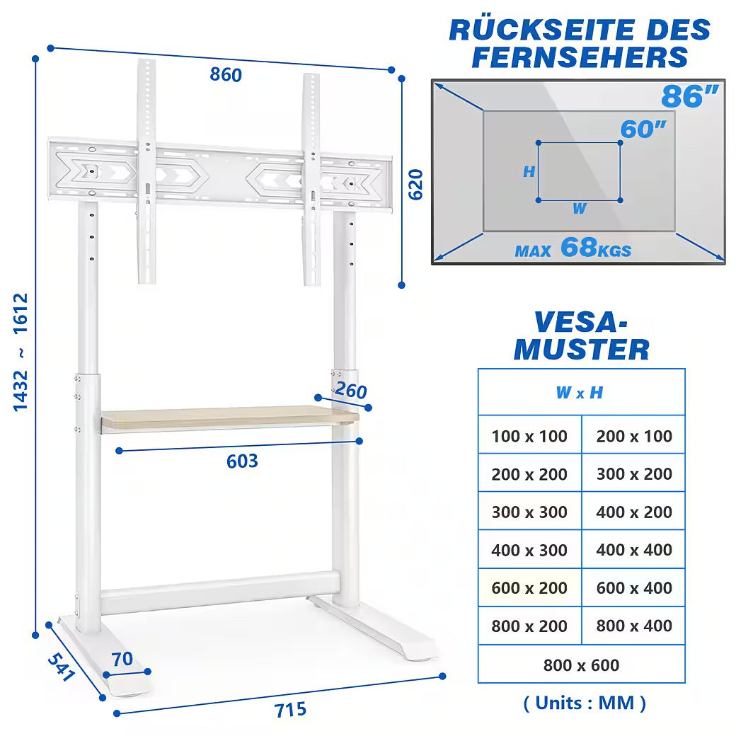 TV-Ständer TV Bodenständer für 60 bis 86 Zoll Fernseher, Regal für Geräte
